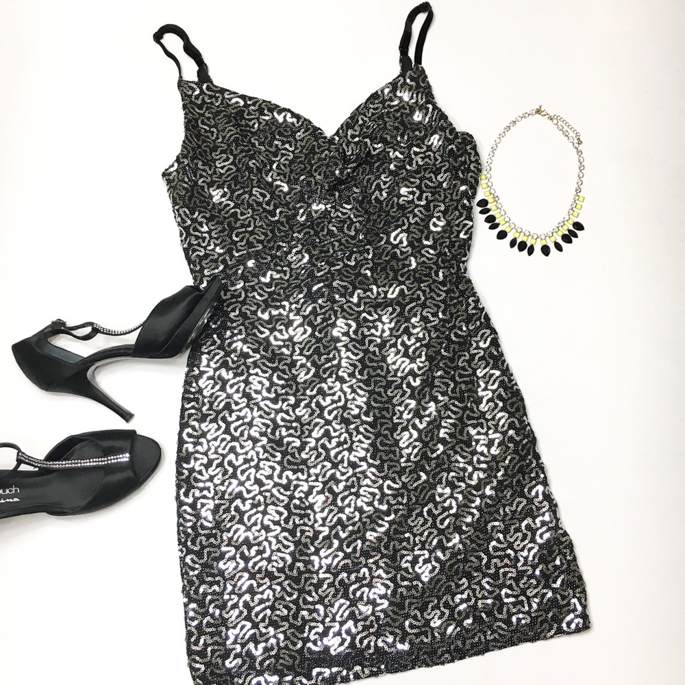 Bailey Blue Sequin Black Cami Strap Dress, sz L